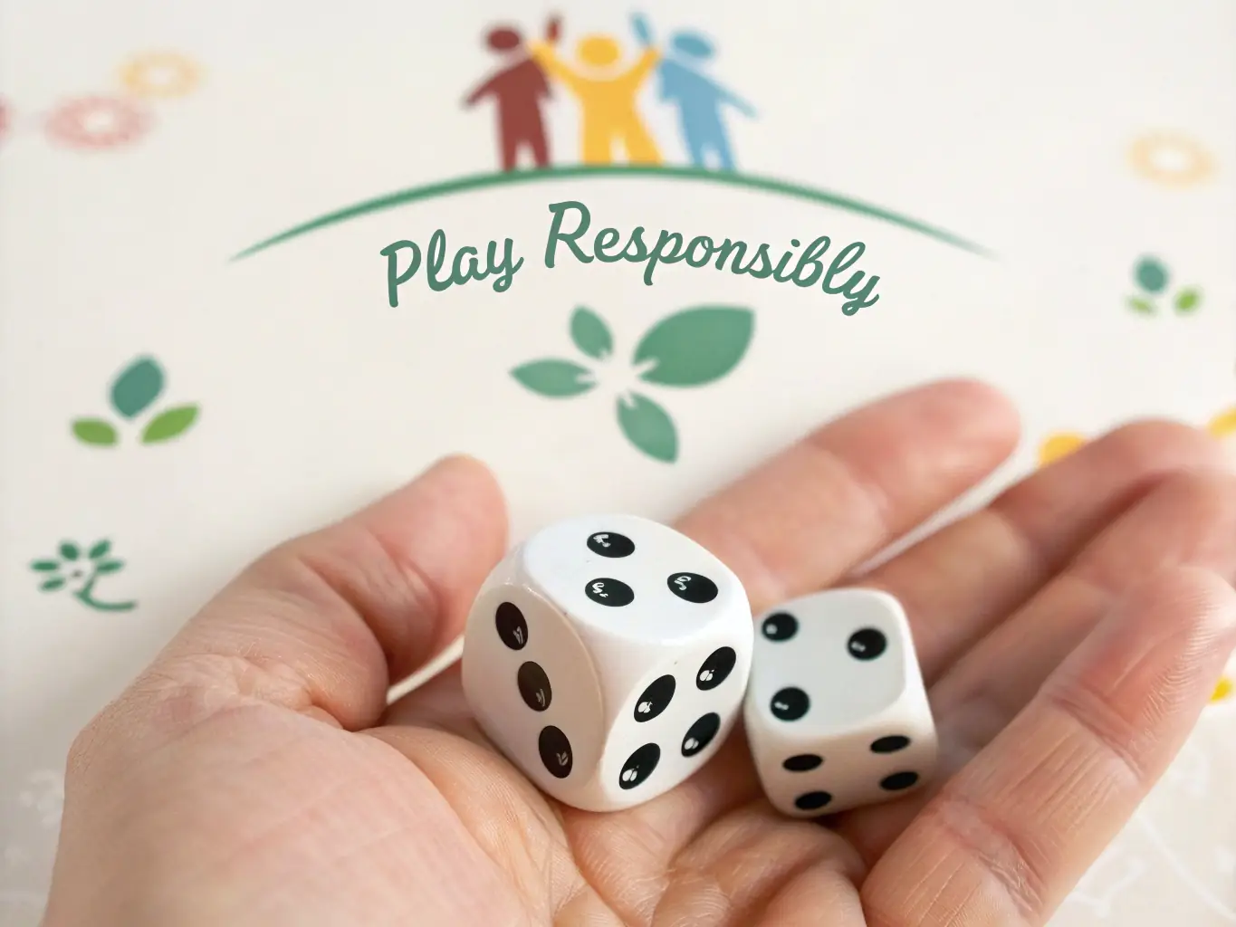 A responsible gaming icon featuring a hand holding a die with the words 'Play Responsibly' around it, set against a backdrop of a supportive community.
